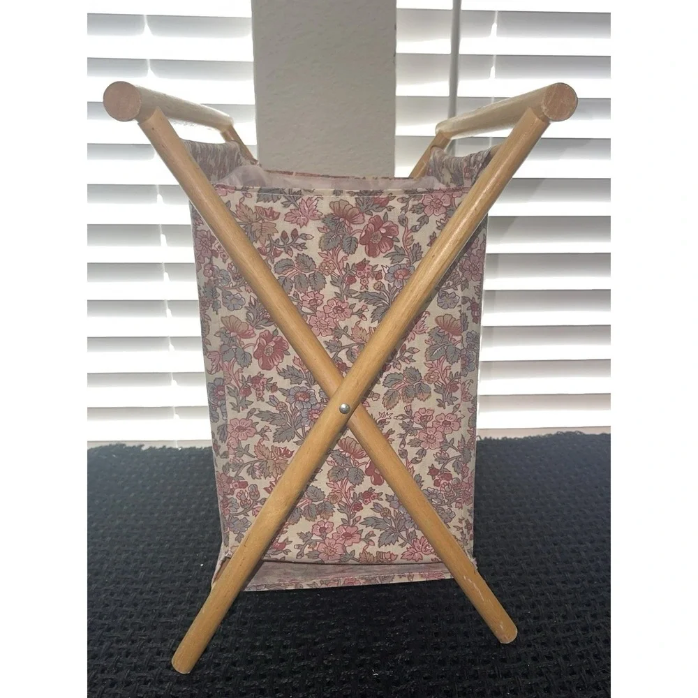 Vintage Foldable Sewing Yarn Knit Crochet Basket Caddy‎ Tote Bag Wood Frame MCM